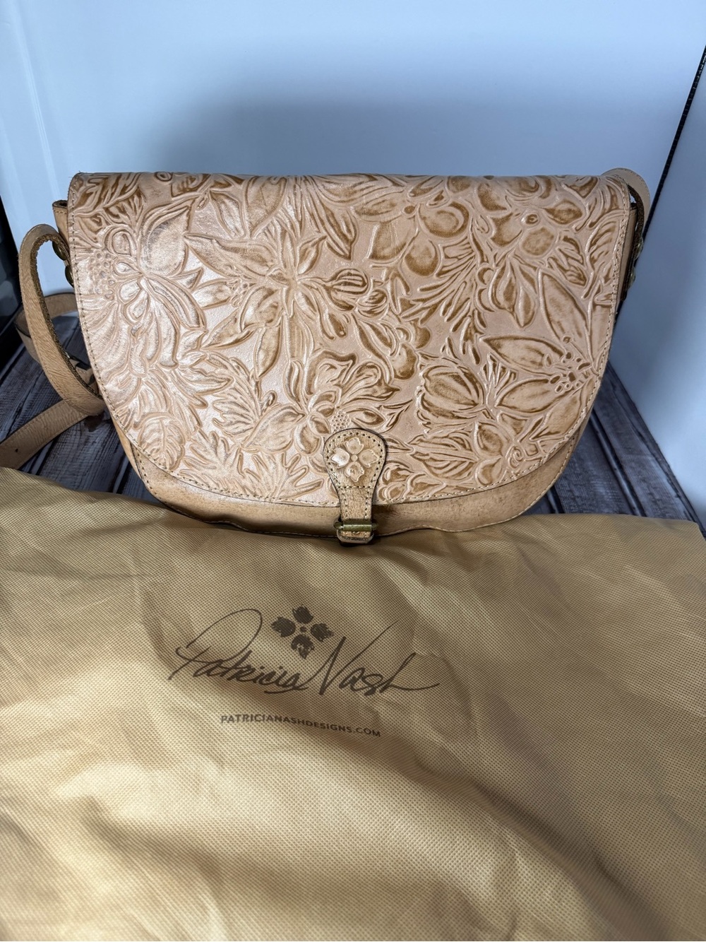 Patricia Nash Beige Tooled Floral Leather Crossbody